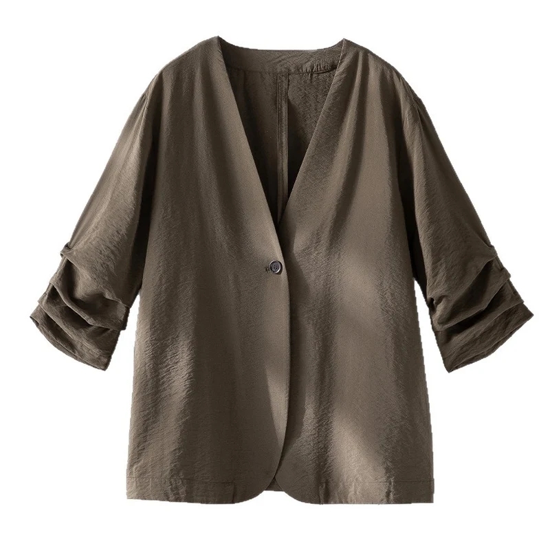 Damen Leichter Oversize-Blazer mit tiefem V-Ausschnitt und gekräuselten Ärmeln Nord Taschen
