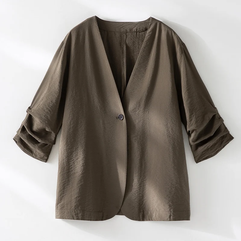 Damen Leichter Oversize-Blazer mit tiefem V-Ausschnitt und gekräuselten Ärmeln Nord Taschen