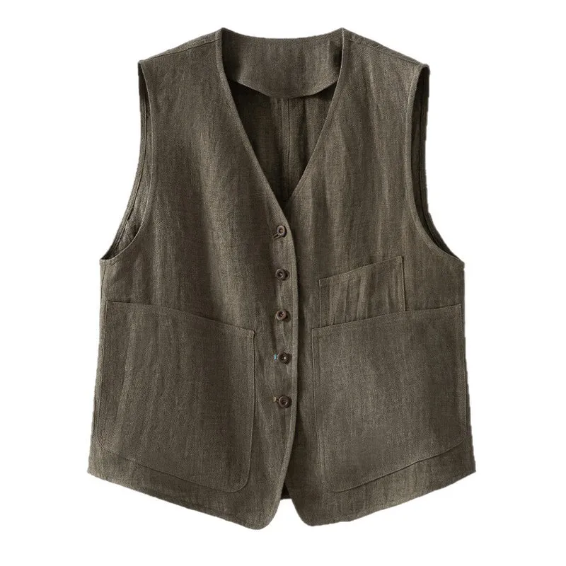 Damen Leichte Leinenweste im Utility-Look mit V-Ausschnitt und großen Aufgesetzten Taschen Nord Taschen