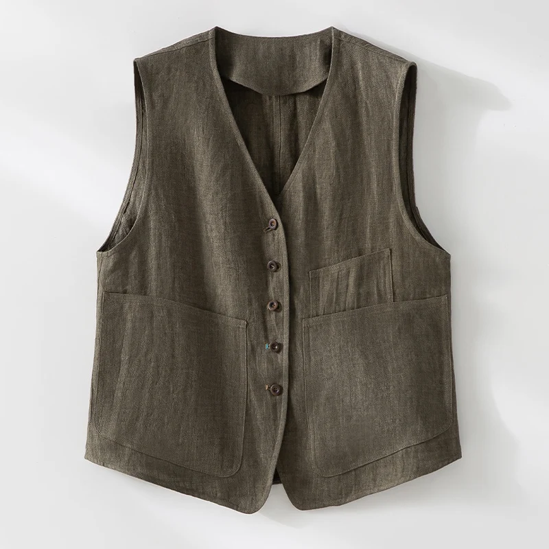 Damen Leichte Leinenweste im Utility-Look mit V-Ausschnitt und großen Aufgesetzten Taschen Nord Taschen
