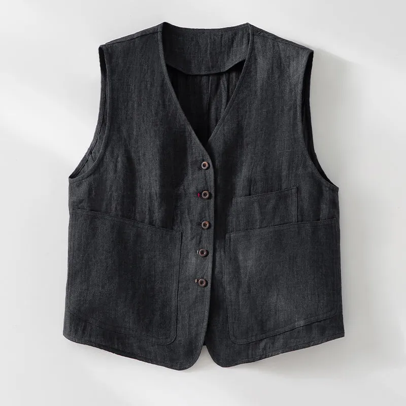 Damen Leichte Leinenweste im Utility-Look mit V-Ausschnitt und großen Aufgesetzten Taschen Nord Taschen
