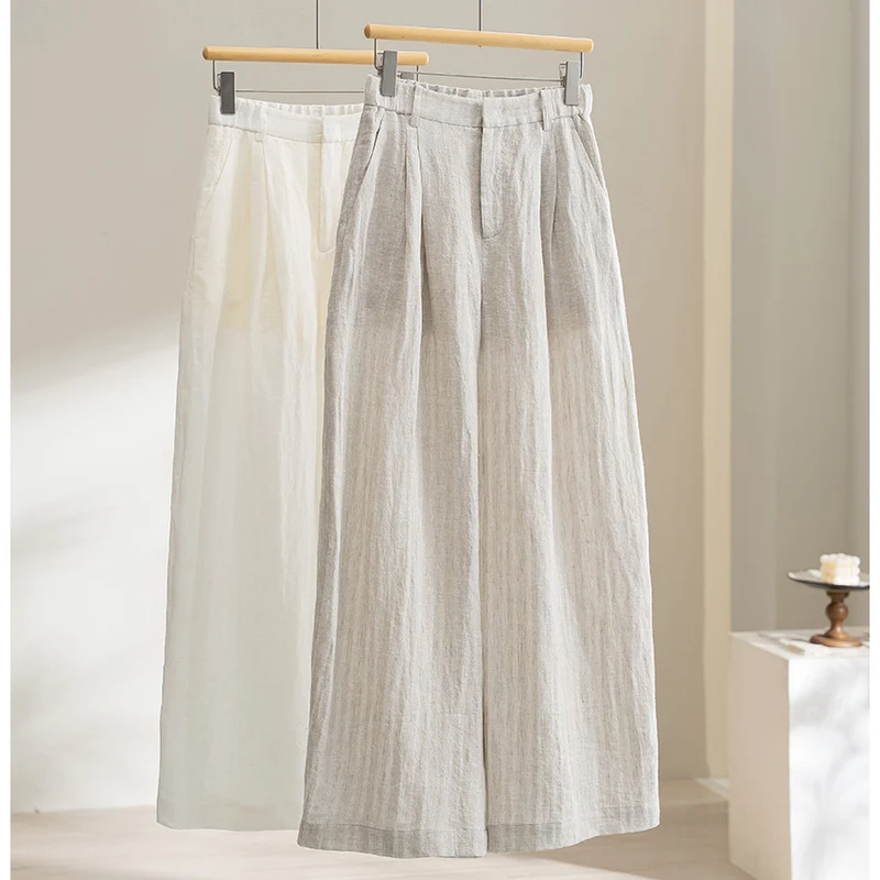 Damen Leichte Leinenhose mit weitem Bein, Bundfalten und elastischem Rückenteil Nord Taschen