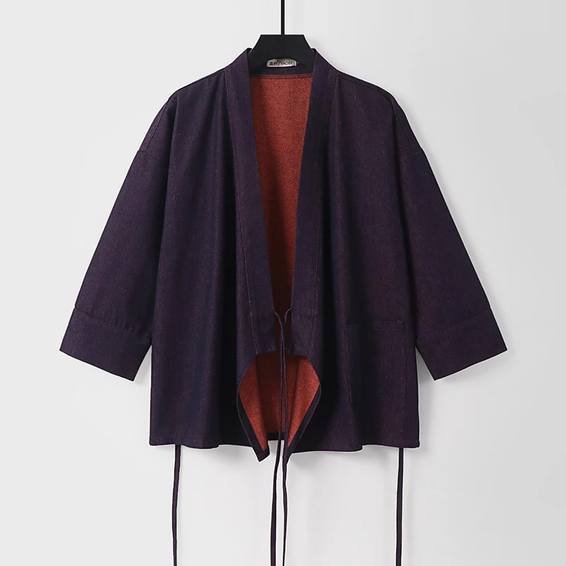 Damen Leichte zweifarbige Kimono-Jacke mit Bindebändern und kontrastiertem Innenfutter Nord Taschen