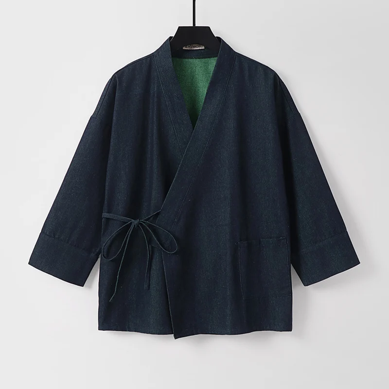 Damen Leichte zweifarbige Kimono-Jacke mit Bindebändern und kontrastiertem Innenfutter Nord Taschen