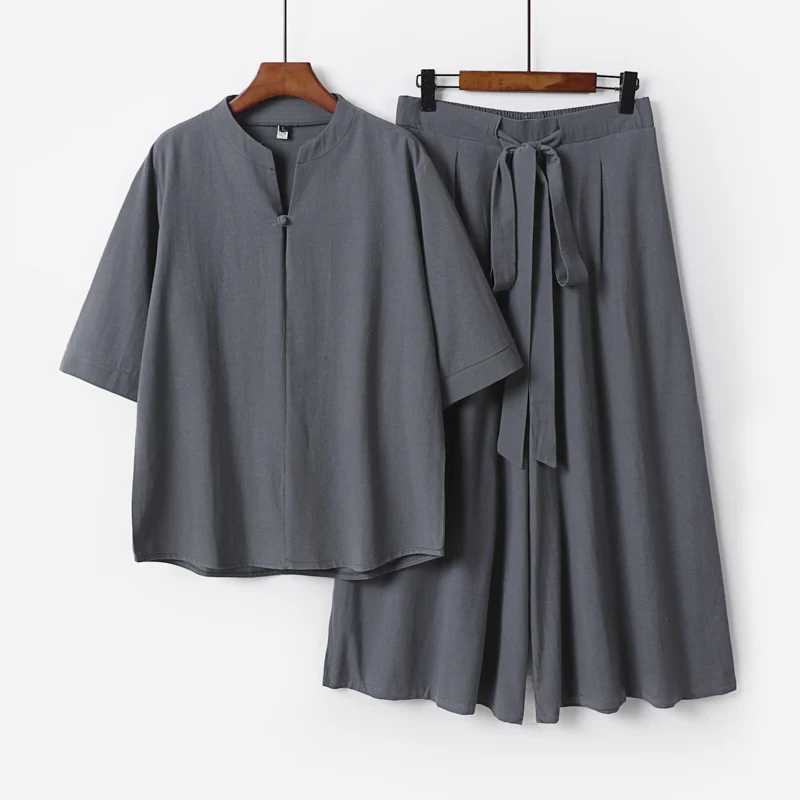 Damen Lässiges Leinen-Viskose Lounge-Set mit Stehkragen-Oberteil und weiten Palazzo-Hose Nord Taschen