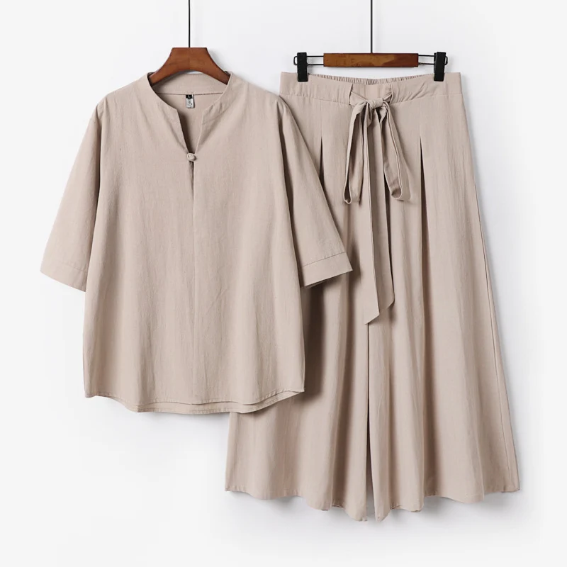 Damen Lässiges Leinen-Viskose Lounge-Set mit Stehkragen-Oberteil und weiten Palazzo-Hose Nord Taschen