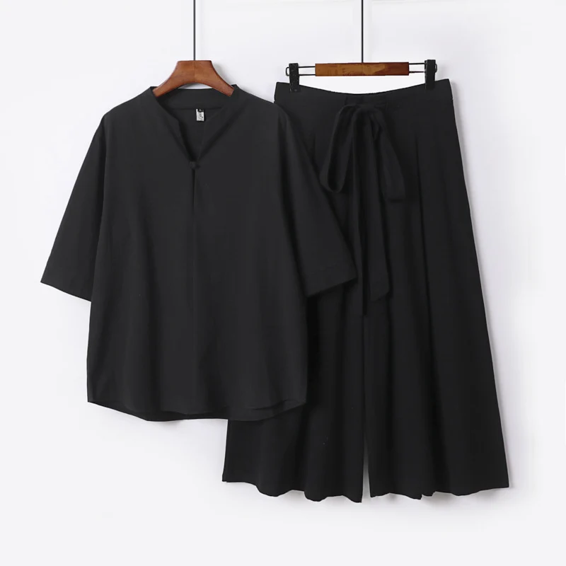 Damen Lässiges Leinen-Viskose Lounge-Set mit Stehkragen-Oberteil und weiten Palazzo-Hose Nord Taschen