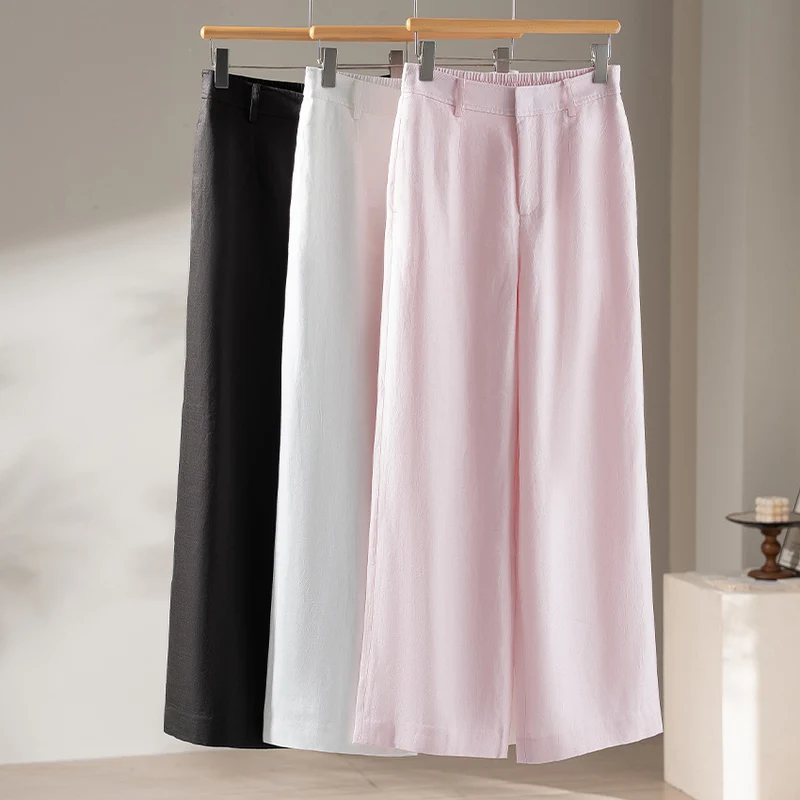 Damen Leichte Highwaist-Weitbein-Hose aus Leinenmix mit elastischem Rückbund Nord Taschen