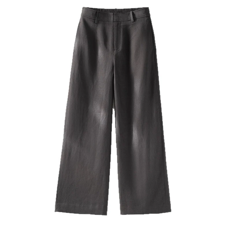 Damen Leichte Highwaist-Weitbein-Hose aus Leinenmix mit elastischem Rückbund Nord Taschen