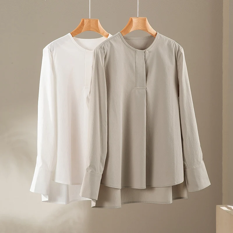 Damen Lässige Langarm-Bluse mit verdeckter Knopfleiste und Lagen-Saum Nord Taschen