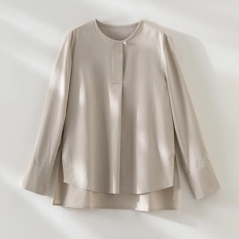 Damen Lässige Langarm-Bluse mit verdeckter Knopfleiste und Lagen-Saum Nord Taschen