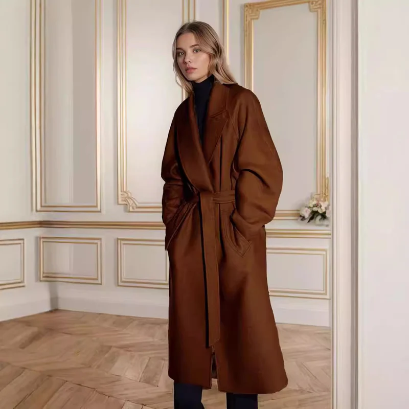 Damen Langmantel aus Wollmix mit Reverskragen und lockerem Schnitt Nord Taschen