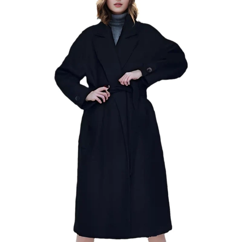 Damen Langmantel aus Wollmix mit Reverskragen und lockerem Schnitt Nord Taschen
