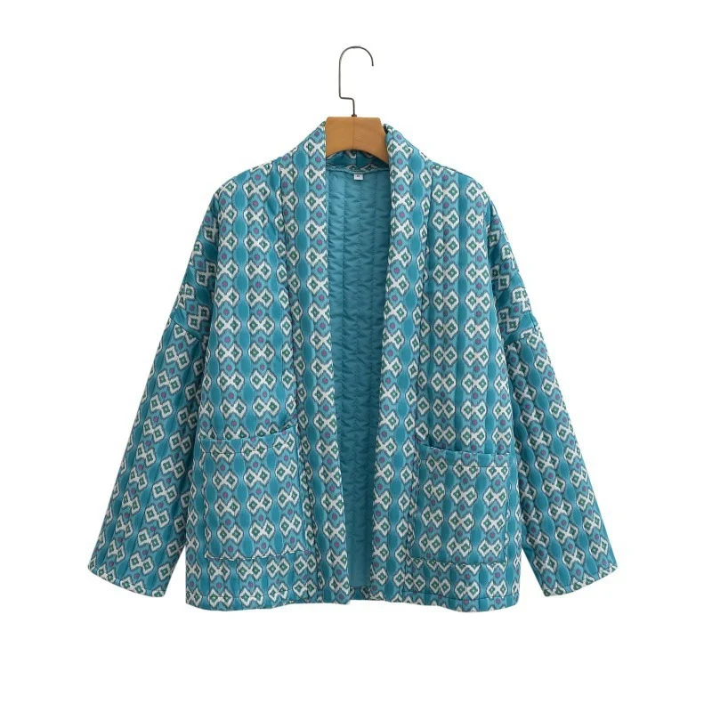 Damen Gemusterte gesteppte Kimono-Jacke mit aufgesetzten Taschen Nord Taschen