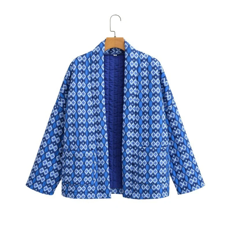 Damen Gemusterte gesteppte Kimono-Jacke mit aufgesetzten Taschen Nord Taschen