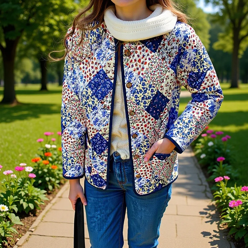 Damen Gefütterter Patchwork‑Steppmantel mit floralen Einsätzen und aufgesetzten Taschen Nord Taschen