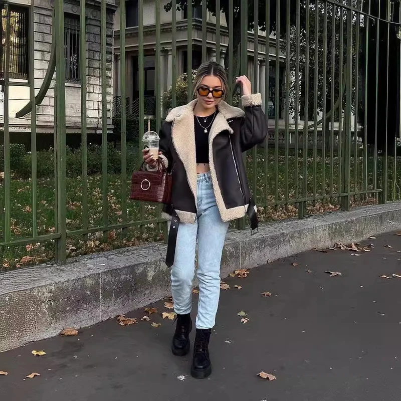 Damen Gefütterte Fliegerjacke im Aviator‑Stil mit Teddyfutter und Reißverschluss Nord Taschen