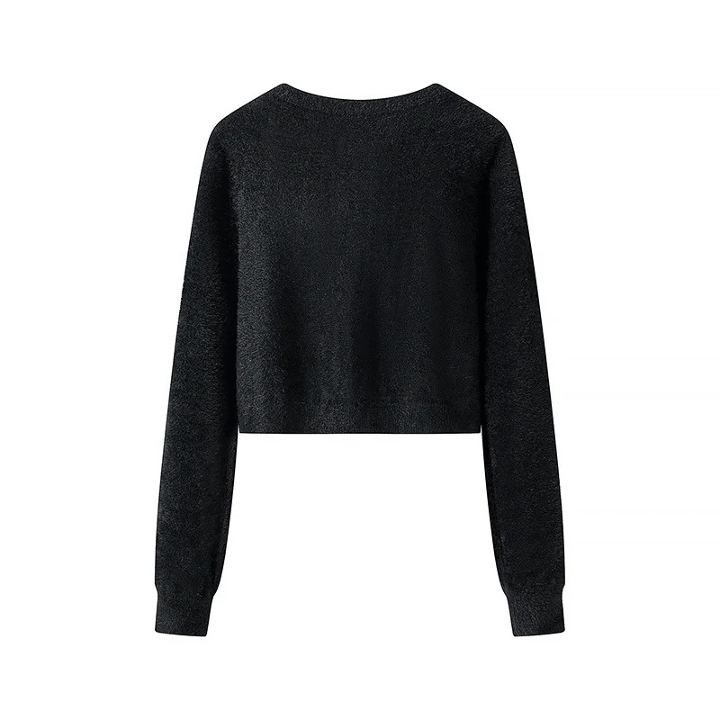 Damen Flauschige Cropped-Strickjacke mit Rundhals und Zierknopfleiste Nord Taschen
