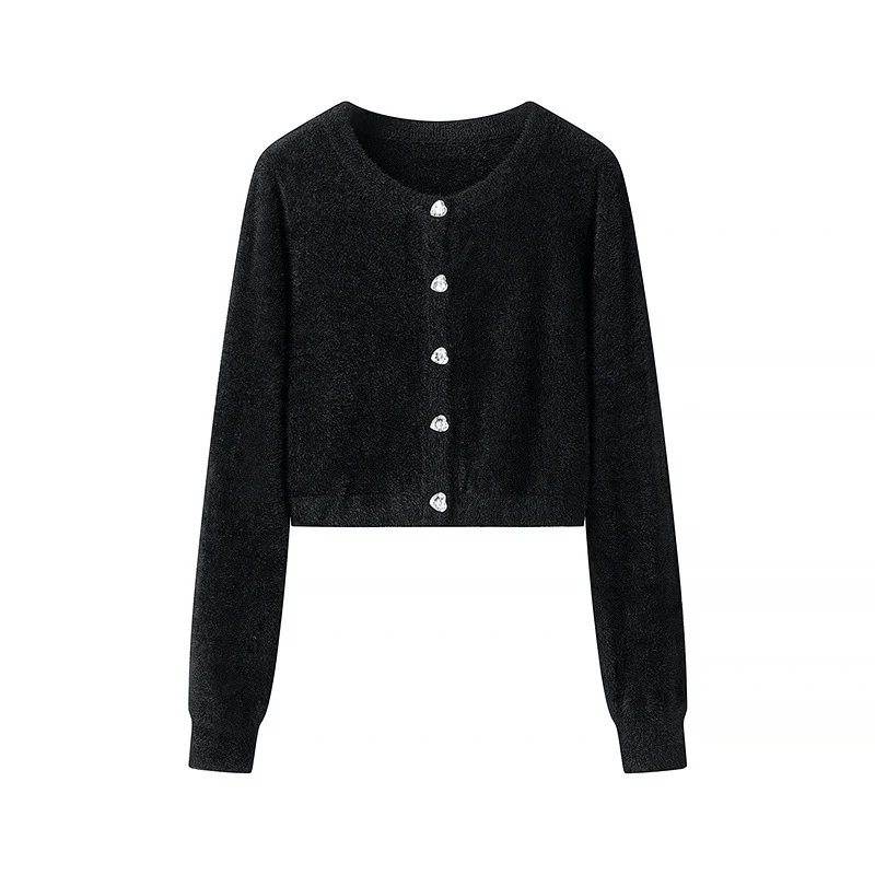 Damen Flauschige Cropped-Strickjacke mit Rundhals und Zierknopfleiste Nord Taschen