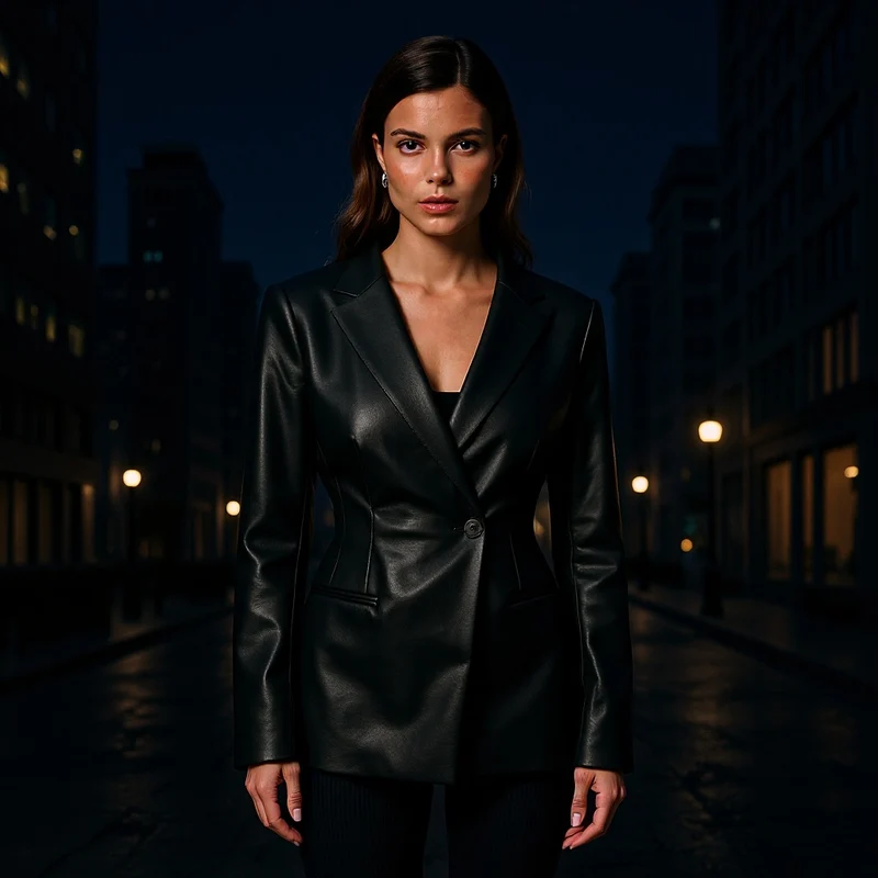 Damen Figurnaher Blazerjacke in Lederoptik mit Single‑Button und konturierenden Abnähern Nord Taschen
