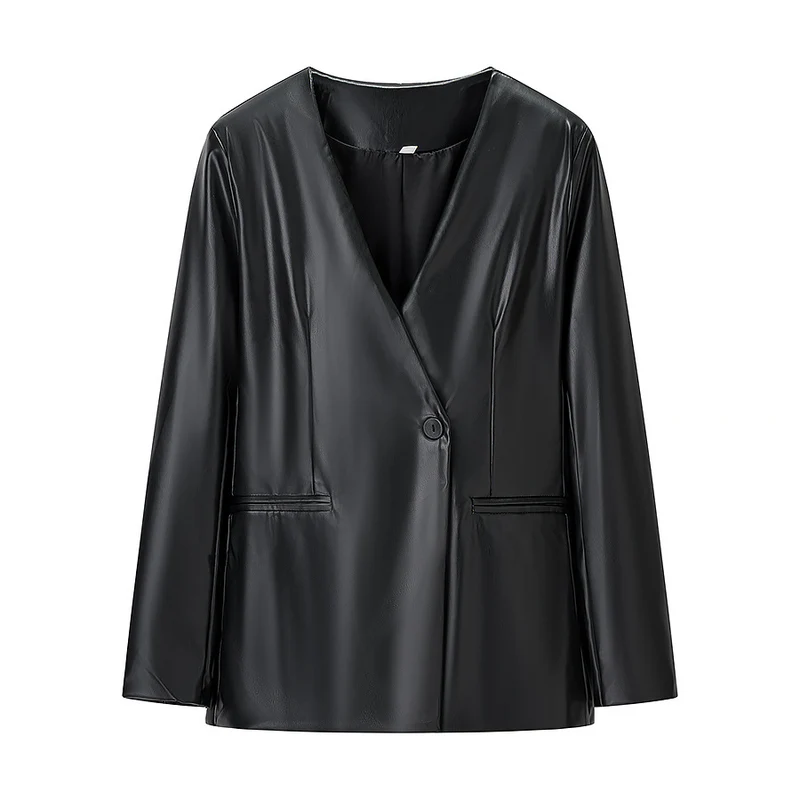 Damen Figurnaher Blazerjacke in Lederoptik mit Single‑Button und konturierenden Abnähern Nord Taschen