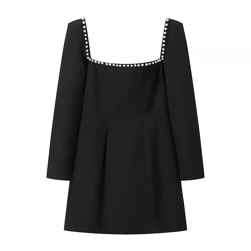 Damen Figurbetontes A‑Linien‑Minikleid mit quadratischem Ausschnitt, langen Ärmeln und Perlenbesatz Nord Taschen
