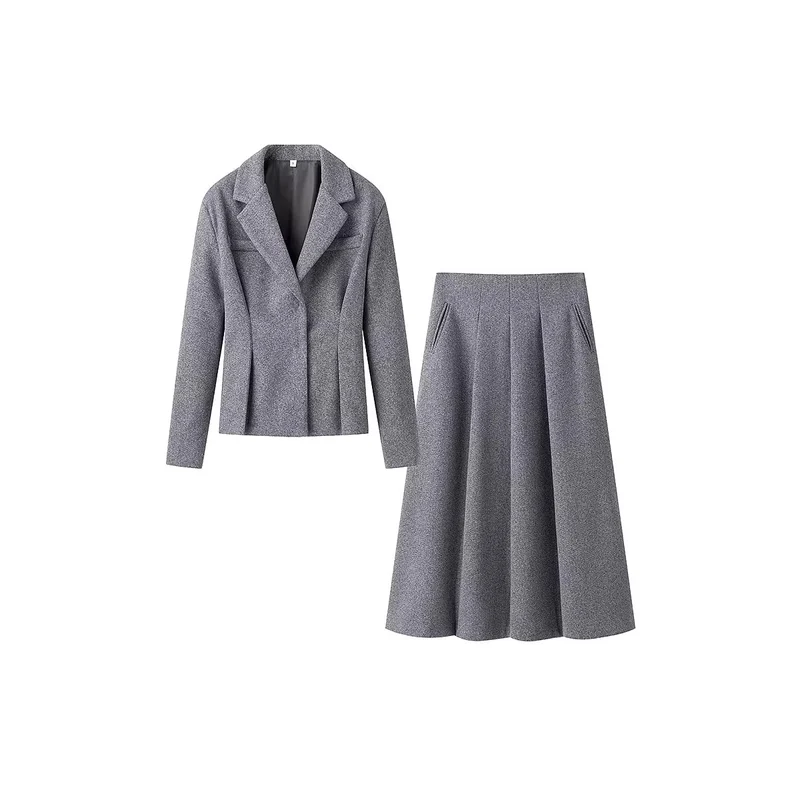 Damen Elegantes Wollmix-Kostüm mit tailliertem Kurzblazer und ausgestelltem Midirock Nord Taschen