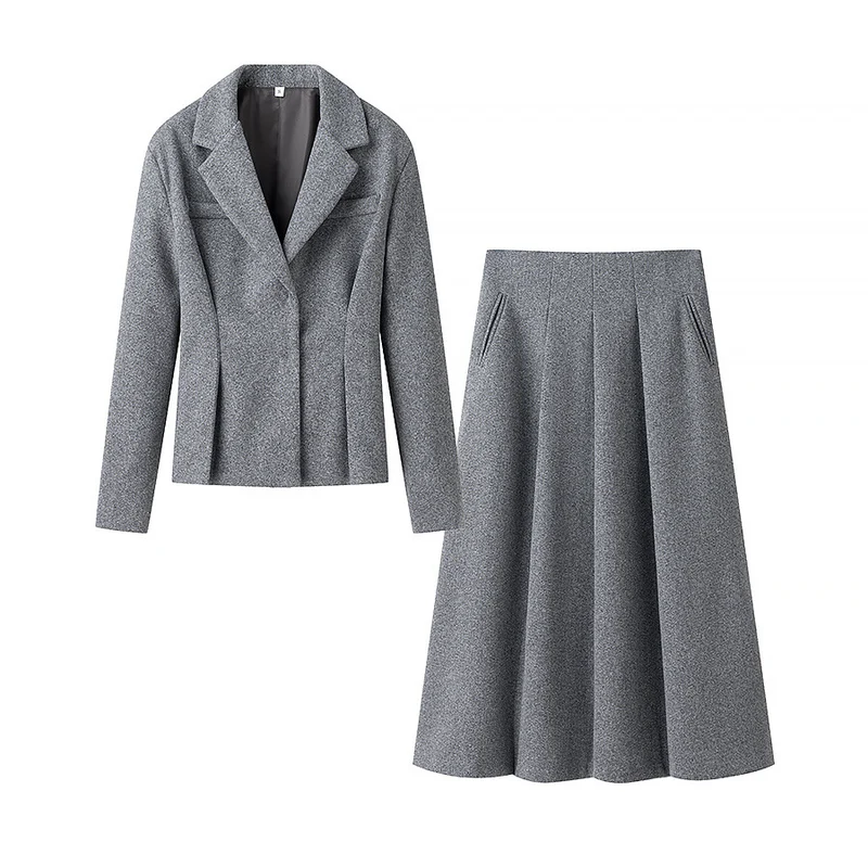 Damen Elegantes Wollmix-Kostüm mit tailliertem Kurzblazer und ausgestelltem Midirock Nord Taschen