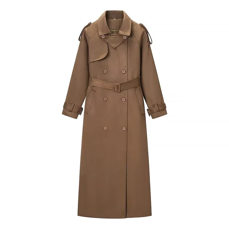 Damen Eleganter langer Taillentrenchcoat mit doppelreihiger Knopfleiste und ausgestelltem Saum Nord Taschen