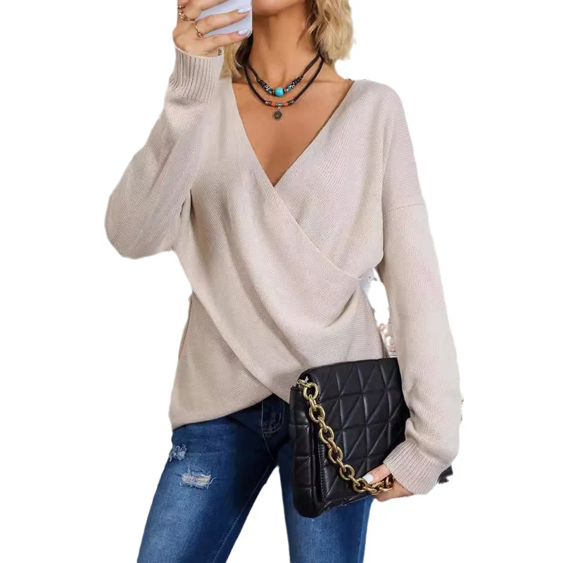 Damen Wickel-Strickpullover mit tiefem V-Ausschnitt und überschnittenen Ärmeln Nord Taschen