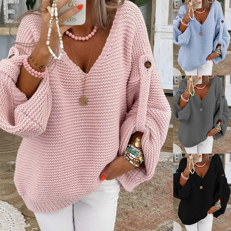 Damen weiter Strickpullover mit V-Ausschnitt, Ballonärmeln und Knopfdetail Nord Taschen
