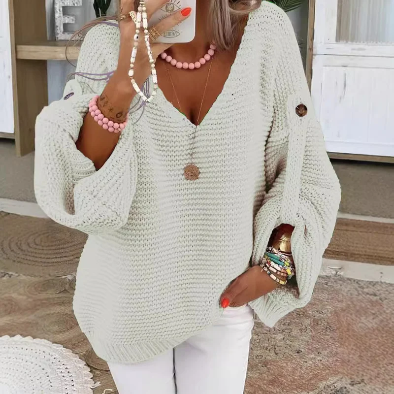Damen weiter Strickpullover mit V-Ausschnitt, Ballonärmeln und Knopfdetail Nord Taschen