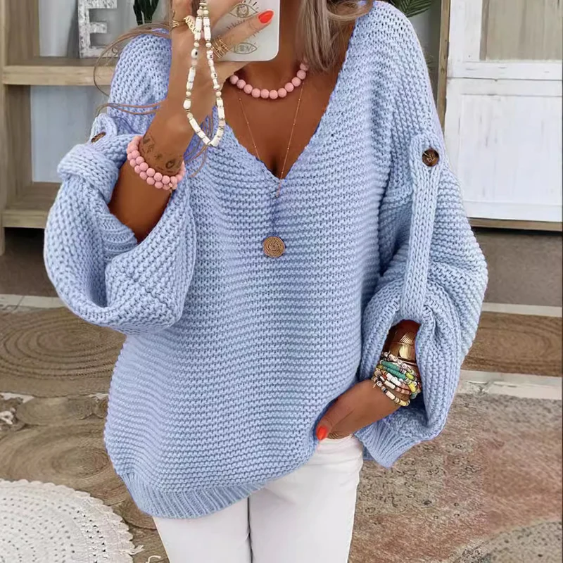 Damen weiter Strickpullover mit V-Ausschnitt, Ballonärmeln und Knopfdetail Nord Taschen