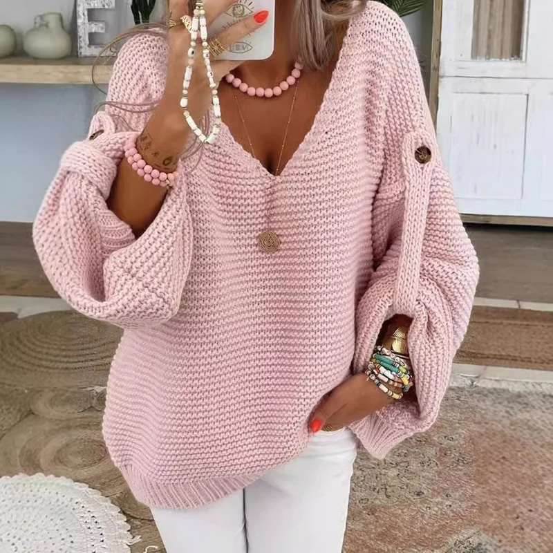 Damen weiter Strickpullover mit V-Ausschnitt, Ballonärmeln und Knopfdetail Nord Taschen