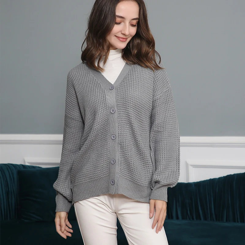 Damen Waffelstruktur-Cardigan mit tiefem V-Ausschnitt und kastigem Oversize-Schnitt Nord Taschen