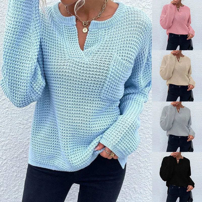 Damen Waffelstrick-Pullover mit V-Schlitz, oversized Schnitt und Ballonärmeln Nord Taschen