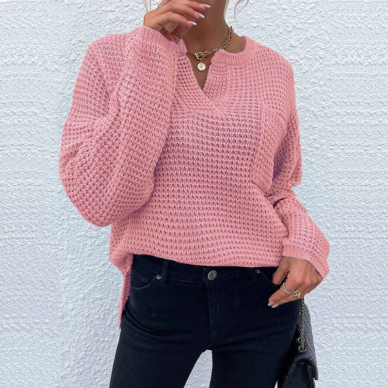 Damen Waffelstrick-Pullover mit V-Schlitz, oversized Schnitt und Ballonärmeln Nord Taschen