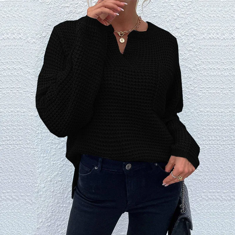 Damen Waffelstrick-Pullover mit V-Schlitz, oversized Schnitt und Ballonärmeln Nord Taschen