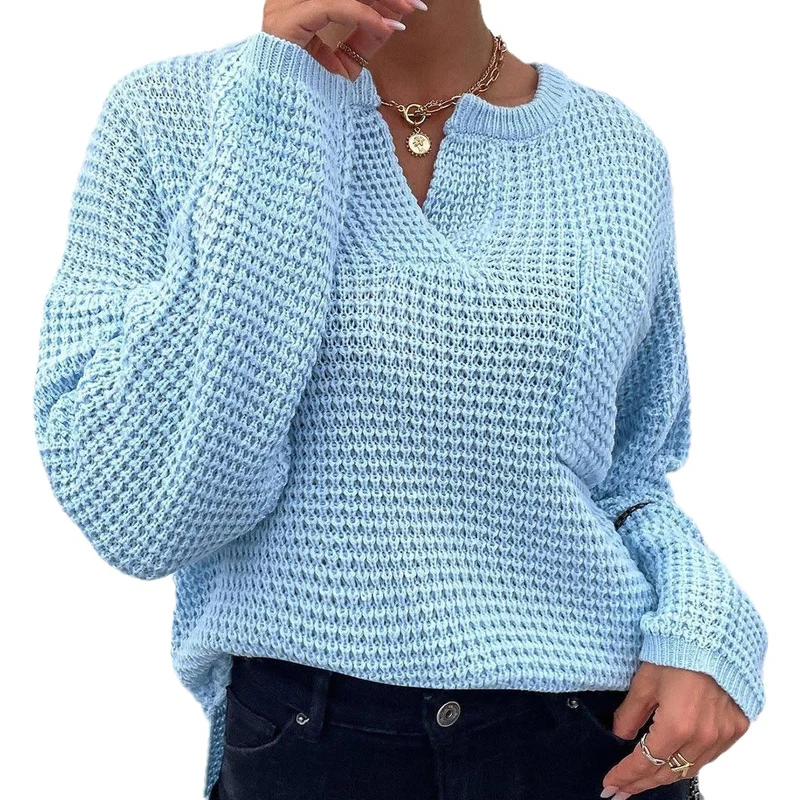 Damen Waffelstrick-Pullover mit V-Schlitz, oversized Schnitt und Ballonärmeln Nord Taschen