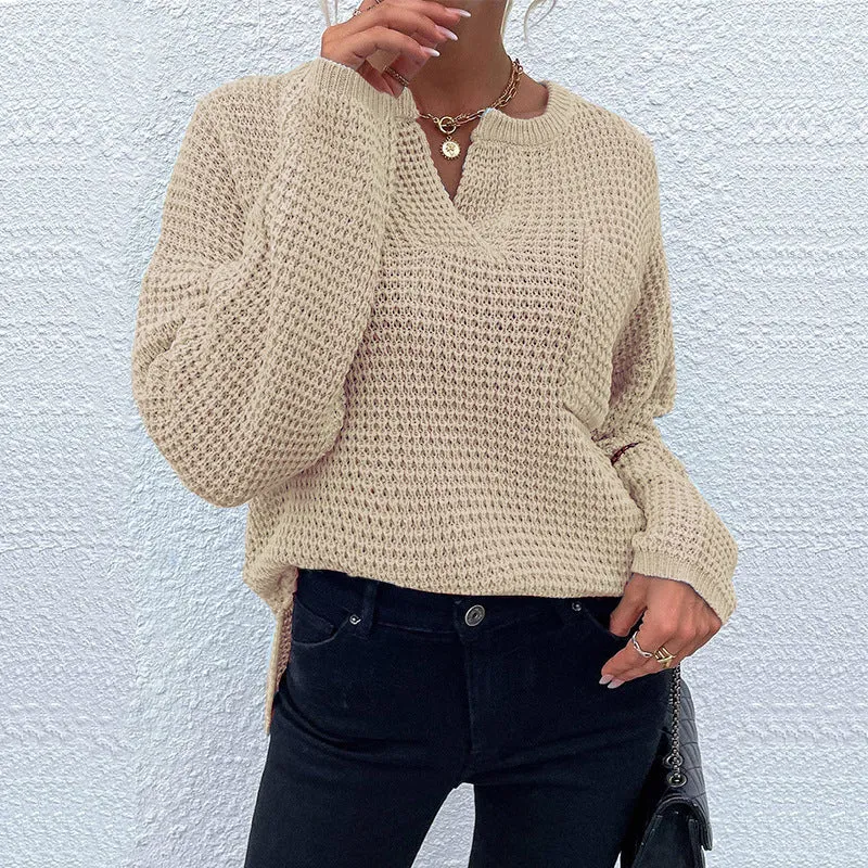 Damen Waffelstrick-Pullover mit V-Schlitz, oversized Schnitt und Ballonärmeln Nord Taschen