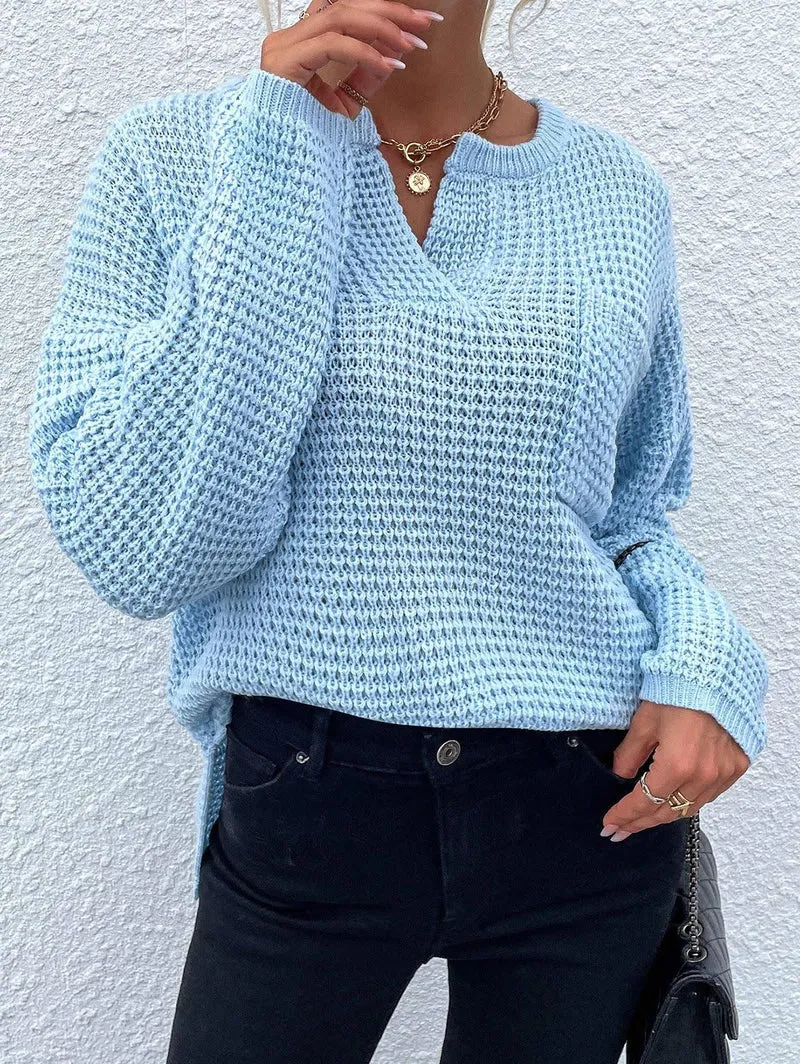 Damen Waffelstrick-Pullover mit V-Schlitz, oversized Schnitt und Ballonärmeln Nord Taschen