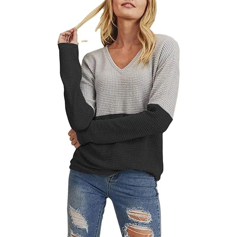 Damen Waffelstrick-Pullover mit V-Ausschnitt und Colorblock-Design Nord Taschen