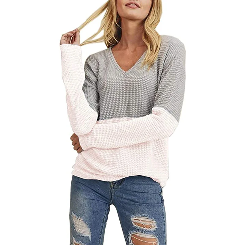 Damen Waffelstrick-Pullover mit V-Ausschnitt und Colorblock-Design Nord Taschen