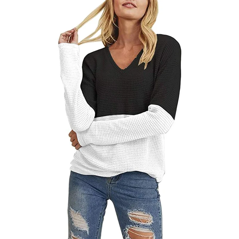 Damen Waffelstrick-Pullover mit V-Ausschnitt und Colorblock-Design Nord Taschen