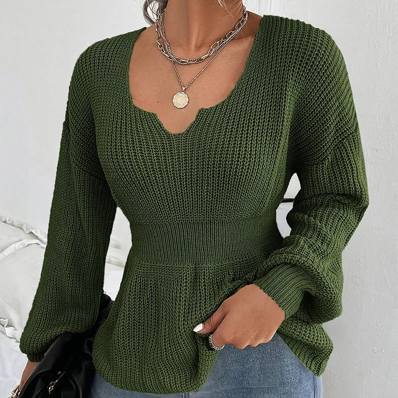 Damen Taillierter Feinstrickpullover mit eingekerbtem V-Ausschnitt, taillenbetonter Rippzone und Ballonärmeln Nord Taschen