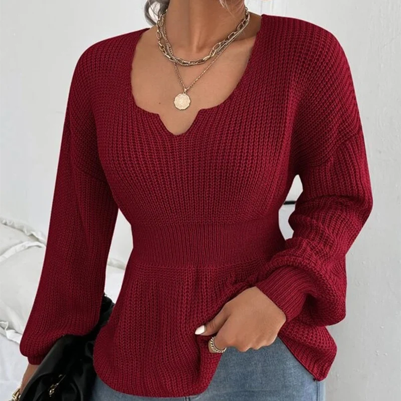 Damen Taillierter Feinstrickpullover mit eingekerbtem V-Ausschnitt, taillenbetonter Rippzone und Ballonärmeln Nord Taschen