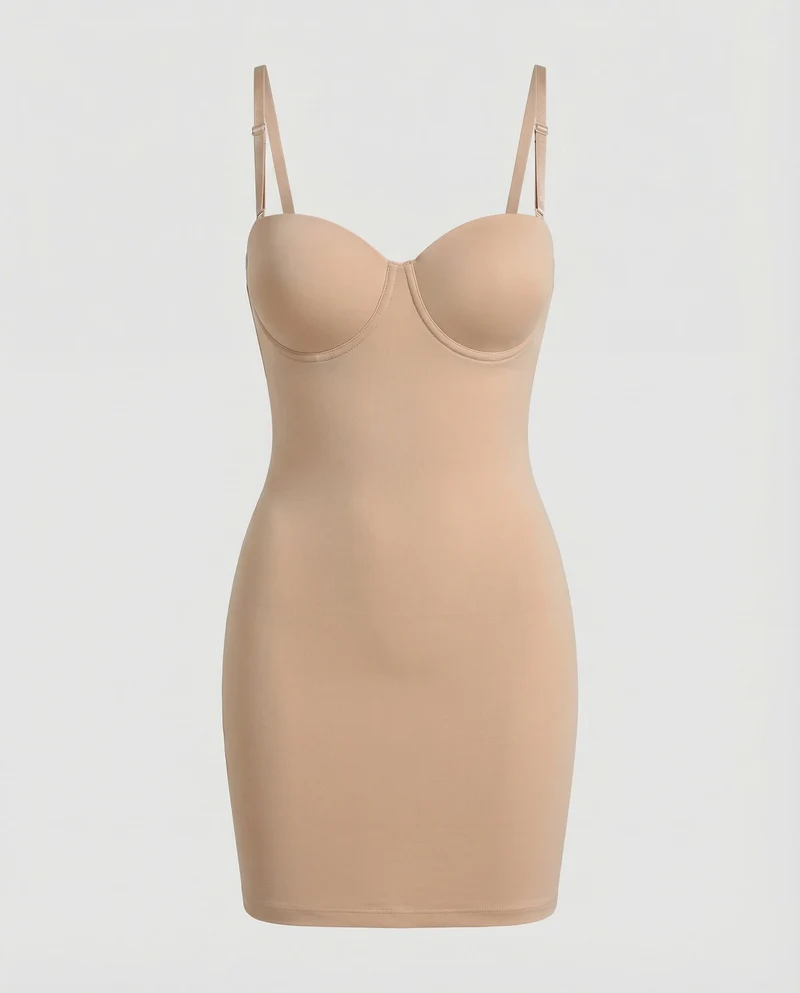 Damen figurformendes Shapewear-Kleid mit integrierten Bügelcups, nahtloser Taillen- und Hüftformung und verstellbaren Trägern