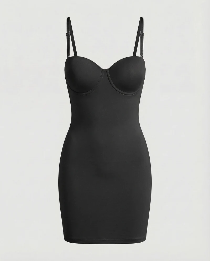 Damen figurformendes Shapewear-Kleid mit integrierten Bügelcups, nahtloser Taillen- und Hüftformung und verstellbaren Trägern
