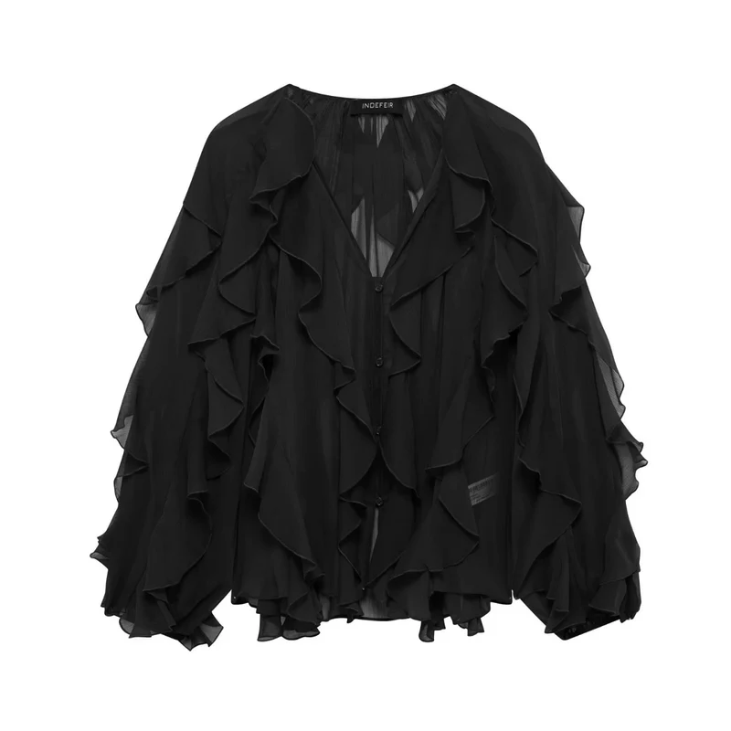 Damen Chiffon-Bluse mit vielfachen Volant-Rüschen und Knopfleiste Nord Taschen