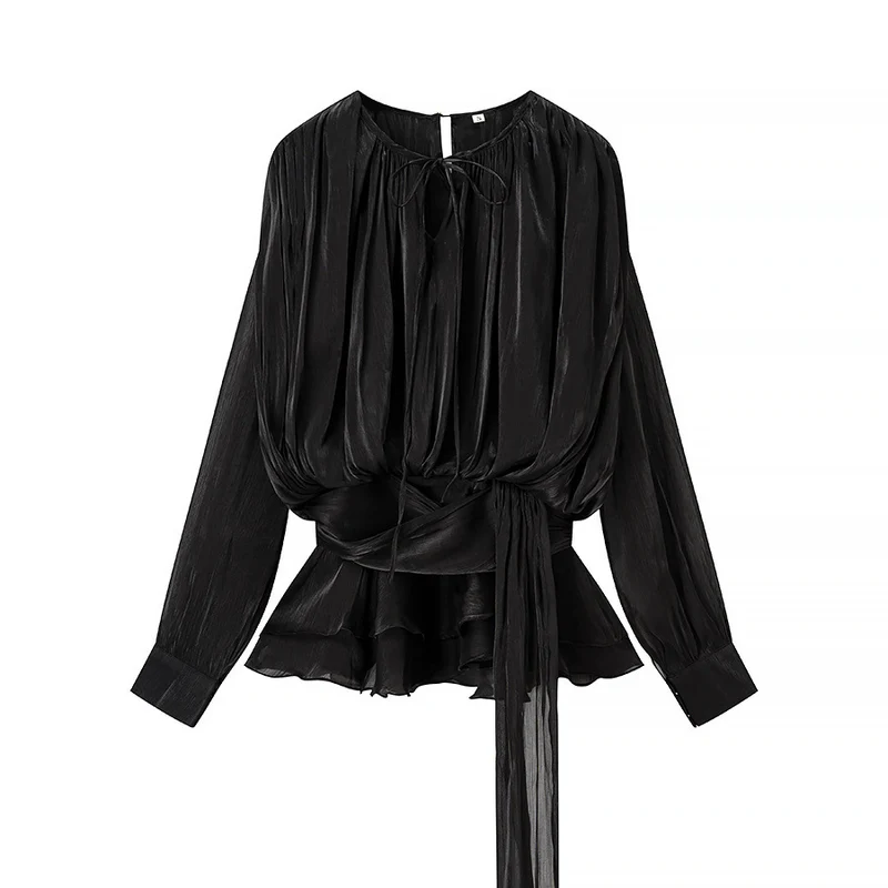 Damen Chiffon-Bluse mit drapierter Korsagen-Optik, Volant‑Peplum und Bindegürtel Nord Taschen